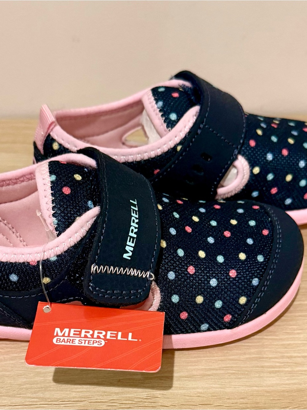 Merrell Toddler Bare Steps Navy Polka Dot Slip-On Sneakers with Pink Trim
